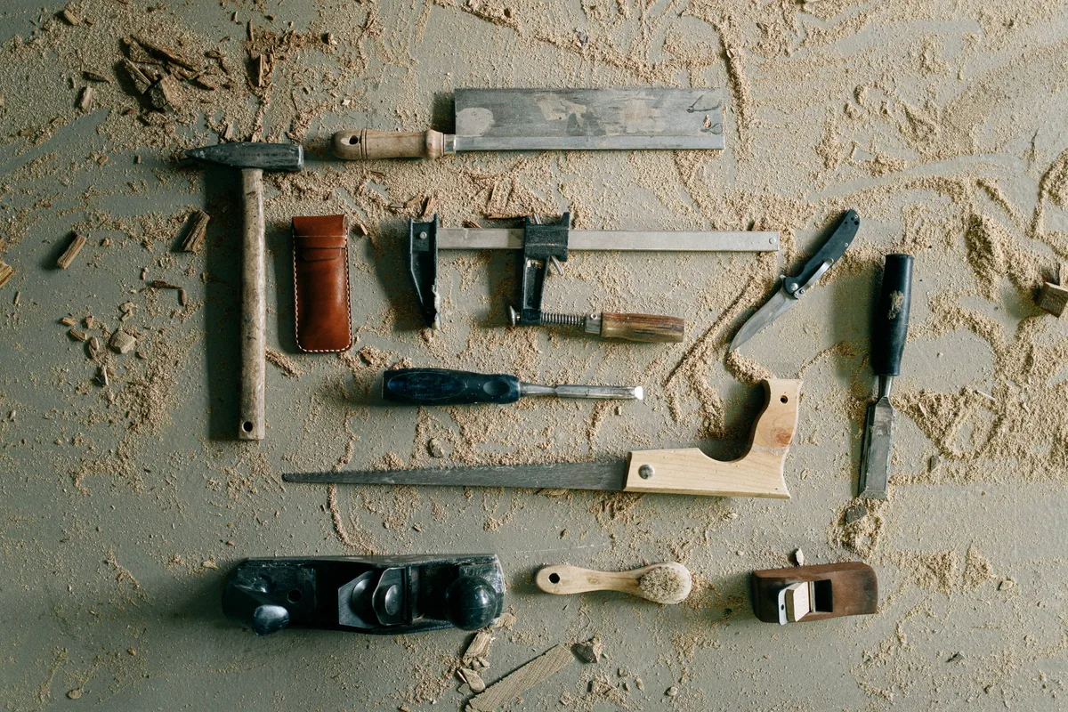 Hand tools on a workbench